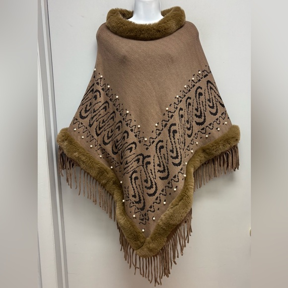 Northern Angel Sweaters - Northern Angel Faux Fur Pearl Accent Fringed Poncho L/XL